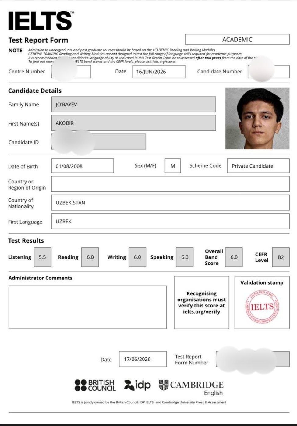 Jo‘rayev Akobir Otabekovichning IELTS xalqaro til sertifikati