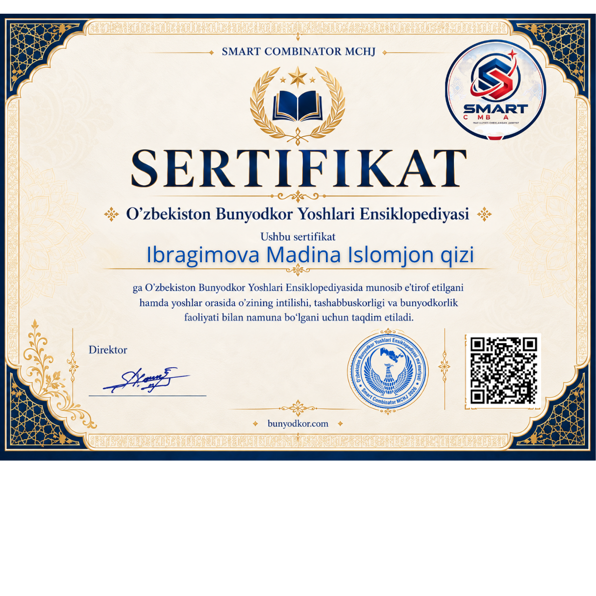 Ibragimova Madina Islomjon qizi "BUNYODKOR FAOLIGI" uchun sertifikat 